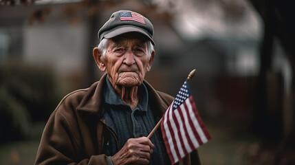 Elderly male veteran holds up an American flag for the memorial day.