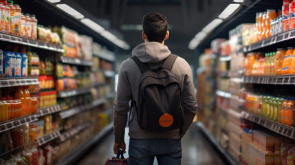 Wall Mural - Man stands in a grocery market picking out groceries