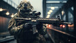 Special Forces Sniper with HK 416 Rifle in Train Station AI Generated