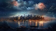 Fireworks On The City Of Skyline Night View Beautiful Photography