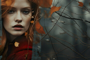 A mesmerizing collage of a woman with red hair against a backdrop of serene autumn or winter forest.