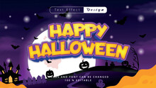 Halloween Text, Editable Text Effect Design With Orange Jack O Lantern Pumpkin,bats Flying, Full Moon, Graveyard, A Castle, Flying Ghosts, Witch And Zombie Hands, Isolated On Blue . October Halloween.