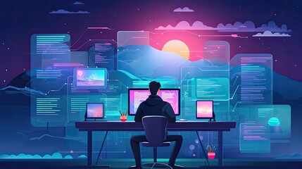 Web Developer Engineer Coding Full Stack developer computer person 2d illustration
