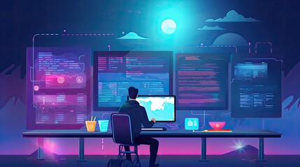 Web Developer Engineer Coding Full Stack developer computer person 2d illustration