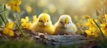 Happy Easter Holiday Greeting Card Background - Closeup Of Two Sweet Chicks With Brightly Painted Easter Eggs On Meadow With Blooming Daffodils