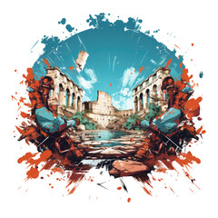 Wall Mural - Boxing Gloves T-shirt Design, an ancient colosseum with boxing gloves at the center of the arena, surrounded by cheering crowds and historical architecture, Generative Ai