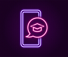 Wall Mural - Glowing neon line Graduation cap on screen smartphone icon isolated on black background. Online learning or e-learning concept. Colorful outline concept. Vector