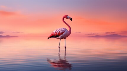  a pink flamingo standing in the water at sunset or dawn.  generative ai