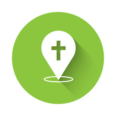 Wall Mural - White Map pin church building icon isolated with long shadow background. Christian Church. Religion of church. Green circle button. Vector