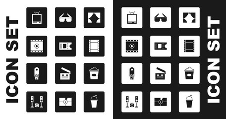 Poster - Set Curtain, Cinema ticket, Play Video, Retro tv, 3D cinema glasses, Popcorn box and USB flash drive icon. Vector