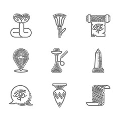 Poster - Set Hookah, Egyptian vase, Papyrus scroll, Obelisk of Alexandria, Eye Horus, Cross ankh, on papyrus and Snake icon. Vector