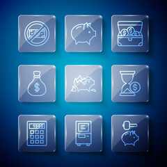 Poster - Set line Calculator, ATM, Piggy bank and hammer, Treasure chest, Broken piggy, Money bag, No money and Hourglass with dollar icon. Vector