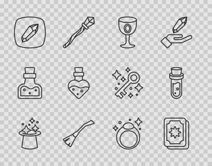 Poster - Set line Magic hat, Tarot cards, Medieval goblet, Witches broom, stone, Bottle with potion, ring and icon. Vector