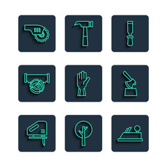 Sticker - Set line Electric jigsaw, Tree, Wood plane tool, Chisel, Protective gloves, Two-handed and log, circular and Wooden axe in stump icon. Vector