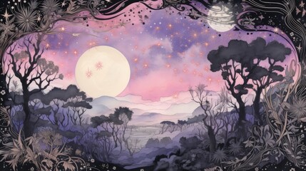 Wall Mural - celestial pink blue abstract cosmic space universe background, fairytale magic card, horizontal bann