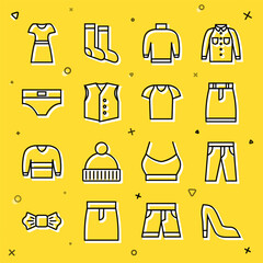 Wall Mural - Set line Woman shoe, Pants, Skirt, Sweater, Waistcoat, Men underpants, dress and T-shirt icon. Vector