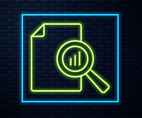 Poster - Glowing neon line Document with graph chart icon isolated on brick wall background. Report text file icon. Accounting sign. Audit, analysis, planning. Vector