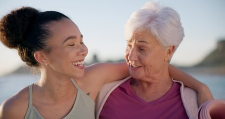 Sticker - Fitness, beach and senior woman with her personal trainer for an outdoor workout by the sea. Exercise, funny and face of an elderly person with a coach at the ocean for training or retirement health