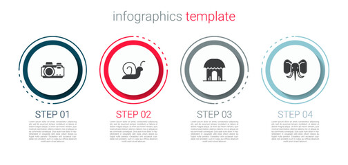 Poster - Set Photo camera, Snail, African hut and Elephant. Business infographic template. Vector