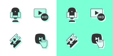 Poster - Set Online play video, Director movie chair, Cinema ticket and Hd movie, tape, frame icon. Vector