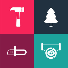 Canvas Print - Set pop art Two-handed saw and log, Chainsaw, Christmas tree and Hammer icon. Vector