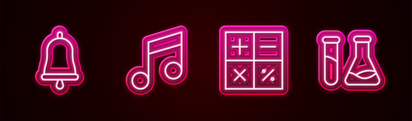 Canvas Print - Set line Ringing bell, Music note, tone, Calculator and Test tube and flask. Glowing neon icon. Vector