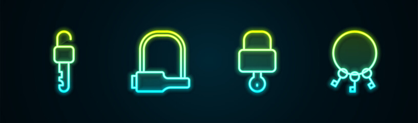 Poster - Set line Unlocked key, Bicycle, Lock and and Bunch of keys. Glowing neon icon. Vector