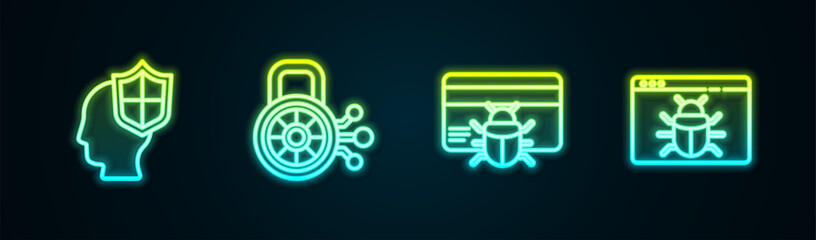 Sticker - Set line Head with shield, Cyber security, System bug in credit card and . Glowing neon icon. Vector