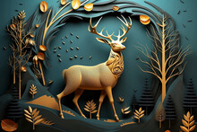 3d Abstraction Modern And Creative Interior Mural Wall Art Wallpaper With Dark Green And Golden Forest Trees, Deer Animal Wildlife With Birds, Golden Moon And Waves Mountains.