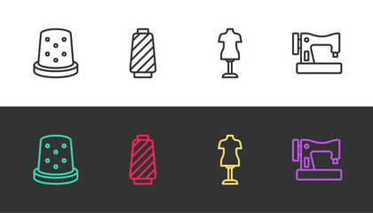 Sticker - Set line Thimble for sewing, Sewing thread on spool, Mannequin and machine on black and white. Vector