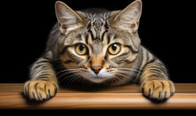 Cat Lying On A Wooden Surface. The Cat Is A Tabby Cat With Brown And Black Stripes And Yellow Eyes. It Is Lying On Its Belly With Its Paws Stretched Out In Front Of It