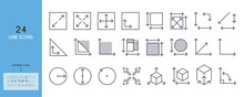 Measurement Of Dimension, Area, Perimeter Line Icon Set. Cube, Square, Triangle, Angle, Circle, Office, Tools, Floorplanning, Corner, Place, Scale, Quantity, Notation, Meter, Metrics. Outline Sings.