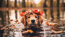 Golden Labrador Retriever Dog With A Wreath Of Maple Leaves Swimming In An Autumn Lake. Autumn Background.  Fall Holiday With Dog. Swimming Dogs. Digital Ai

