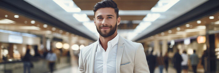 Handsome well dressed male at shopping mall, professional photo with blurry background for background banner or header