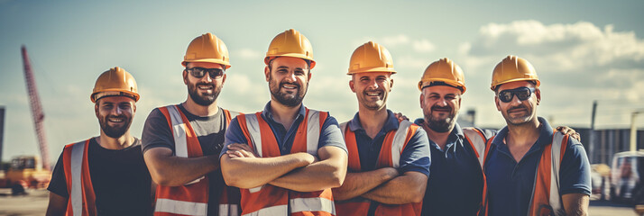 Professional construction workers team photo at construction site, concept of business teamwork and collaboration, background banner or header