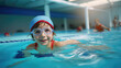 © Julia Zarubina - Generative AI, child, boy or girl swimming in the pool, swimming training, sports lifestyle, kids sports activities, childhood, water sports, emotions, kids swim