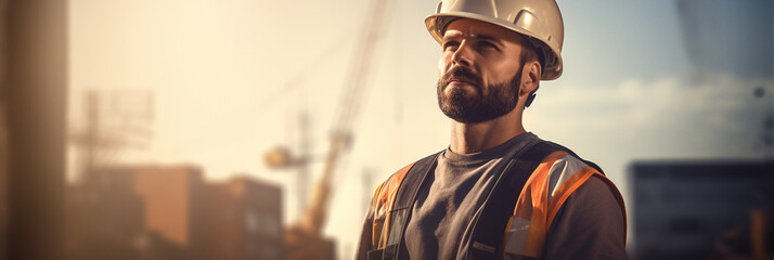 Handsome male construction worker or engineer, professional photo during worktime at construction site, background banner or header with copy space