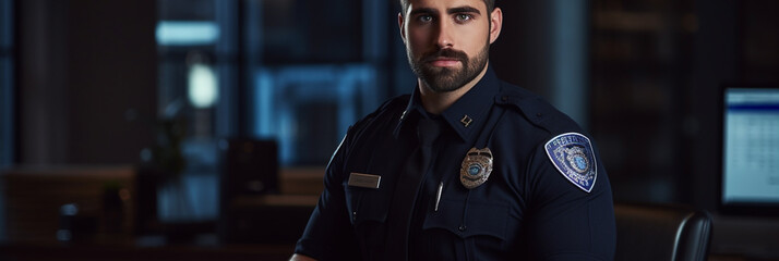 Handsome male police officer working at law enforcement, professional portrait photo background banner or header