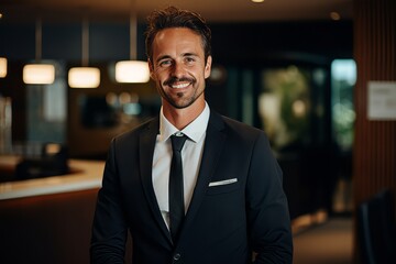 Portrait of a smiling businessman in suit looking at camera in office