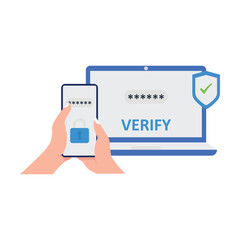 2fa Two factor authentication password secure notice login verification code Notice with code fo sign in Two steps factor verification via laptop and phone Mobile OTP method Vector flat illustration

