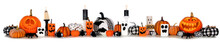 Halloween Display Of Jack O Lanterns, Pumpkins And Decor. Long Row Border Banner Isolated On A White Background.