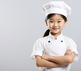 Wall Mural - Happy funny little girl chef wearing chef hat and uniform cross arms isolated on gray background with copy space.