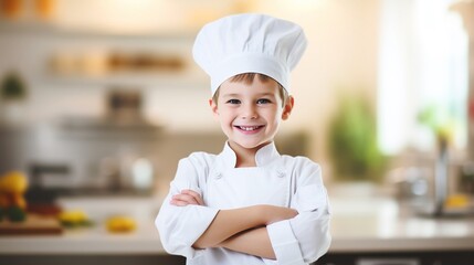 Wall Mural - Happy funny little boy chef wearing chef hat and uniform cross arms isolated on blurred kitchen background with copy space.