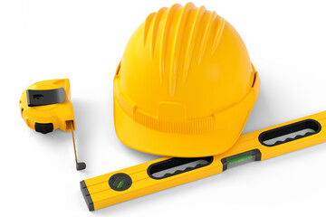 Flying view of yellow construction tools for repair on white background