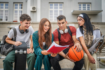 Poster - group of teenage students gen z in front of school university study