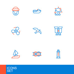 Poster - Set line Lighthouse, Nautical rope knots, Yacht sailboat, Binoculars, Boat propeller, Bird seagull, Tsunami and Jet ski icon. Vector