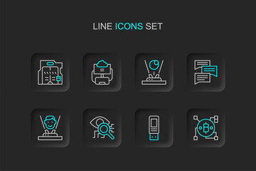 Poster - Set line Blockchain technology Bitcoin, USB flash drive, Eye scan, Hologram, Speech bubble chat, Cloud database and Futuristic sliding doors icon. Vector