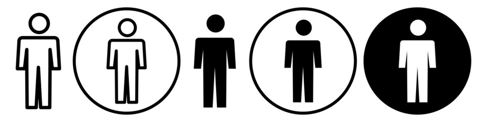 Wall Mural - Human Icon. Symbol of man standing in toilet or restroom. Vector set of adult men in washroom. Flat sign of user profile. Outline logo of business professional people. Gentlemen person round mark