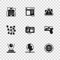 Wall Mural - Set Global technology, Futuristic weapon, Cryptocurrency coin Bitcoin, Motherboard, Exclamation mark triangle, sliding doors, Browser window and Neural network icon. Vector