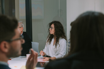 Wall Mural - Business woman listening to the presentation